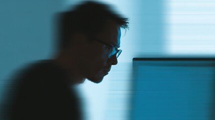 Blurred Profile of Focused Individual Working Late at Computer Desk
