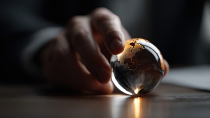 Hand Holding Glass Globe with World Map Detail on Wooden Table