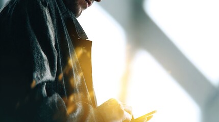 Man Using Smartphone with Natural Light Background in Urban Setting