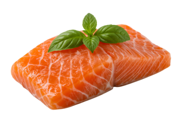 Fresh Salmon Fillet with White Marbling and Green Basil Garnish on Black fish seafood isolated on a transparent background