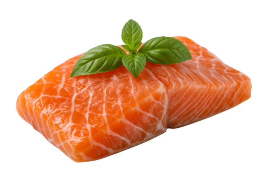 Fresh Salmon Fillet with White Marbling and Green Basil Garnish on Black fish seafood isolated on a transparent background