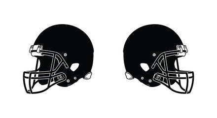 Two black american football helmets facing left and right side detailed sports gear isolated on white background