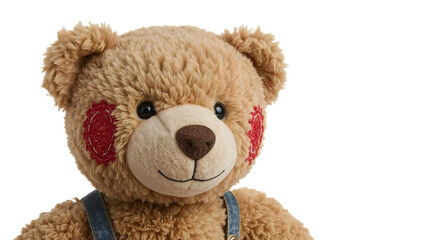 Cute fluffy teddy bear wearing denim overalls with red cheeks isolated on the transparent background