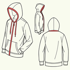 Vector art of fashion flat sketch of a zipup hoodie with pockets, front, side, and back views