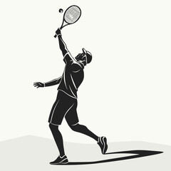 Vector art of silhouette of a male tennis player in action, serving a tennis ball during a match
