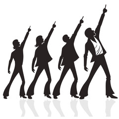 Vector art of silhouette of four people in disco attire pointing upwards