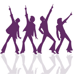 Vector art of silhouette of four disco dancers in purple