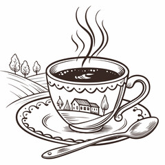 Vector art of a steaming cup of coffee on a saucer with a spoon, set against a rural landscape with rolling hills and trees