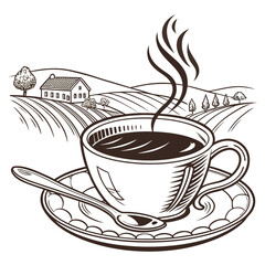 Vector art of a steaming cup of coffee with a spoon on a saucer, set against a rural landscape with rolling hills and a house