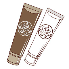 Vector art of two cosmetic tubes with decorative logos, one brown and one white, presented in a clean, modern illustration style