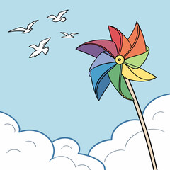 Vector art of colorful pinwheel spinning in the sky with birds flying and clouds below