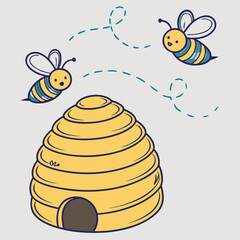 Vector art of cute cartoon bees flying around a beehive, representing nature and teamwork
