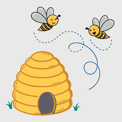 Vector art of cute cartoon bees flying around a beehive with a dotted flight path, symbolizing nature and teamwork