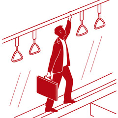 Vector art of man holding onto a handrail on a moving train, carrying a briefcase