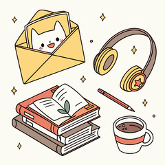 Vector art of cute kawaii illustration of a cat in an envelope, books, headphones, pencil, and coffee cup