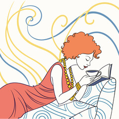 Vector art of woman in orange dress relaxing on a patterned sofa, reading a book and drinking coffee