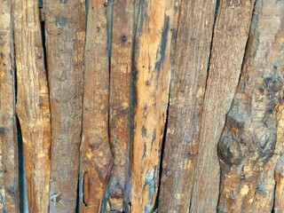 Rustic wooden sticks texture with natural bark and rough surface, suitable for organic design and backgrounds.