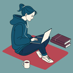 Vector art of young woman in hoodie sitting crosslegged on a mat with laptop and coffee, studying or working remotely