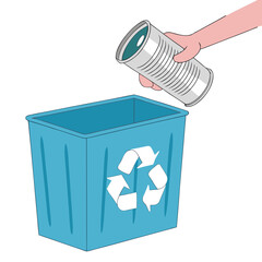 Vector art of hand throwing a metal tin can into a blue recycling bin