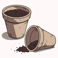 Vector art of two terracotta pots filled with soil, one upright and one on its side with spilled soil