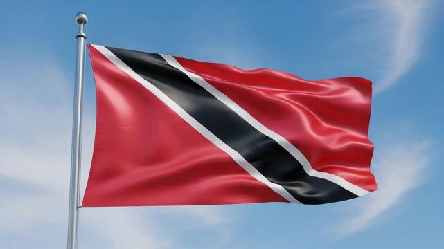 Trinidad and Tobago Flag Waving in the Wind Against Blue Sky.