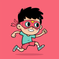 Joyful child with black hair running in superhero pose, wearing red mask and blue shirt.