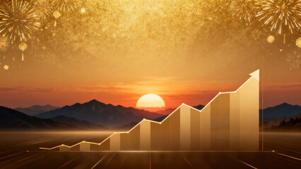 Creative abstract business background featuring rising arrow financial chart with golden sunset mountains and celebratory gradient design for corporate annual meeting and award ceremony concepts.