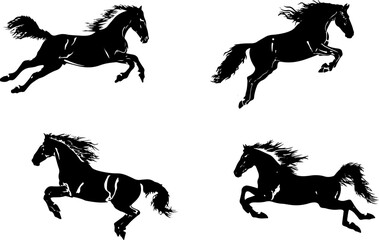 Wild Horse Silhouettes in Motion, Running Horses Black and White Vector Art, Galloping Horses Silhouette Collection