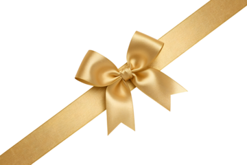 Golden satin ribbon tied in a bow diagonally on a black background graphic design isolated on a transparent background