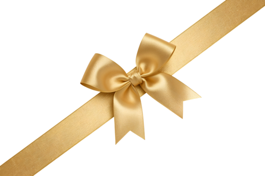 Golden satin ribbon tied in a bow diagonally on a black background graphic design isolated on a transparent background