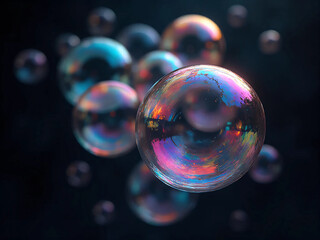 Naklejka premium Macro close-up of clustered soap bubbles on a dark background, rainbow-colored reflections on curved surfaces, sharp detail showing bubble edges, abstract dreamy texture, photorealistic 4K.