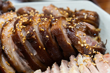 view of jokbal. Jokbal is a popular Korean dish made from pig's trotters braised in soy sauce and spices.