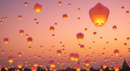 Yi Peng lantern festival Chiang Mai banner background, sky lanterns on radiant gradient