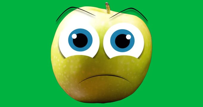 Animated green apple showing frown on transparent background with stylized eyes for marketing