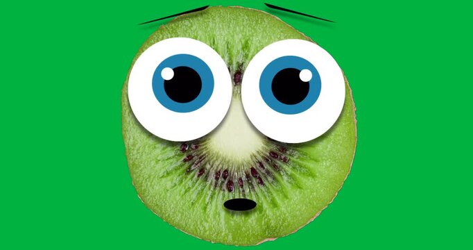 Animated kiwi slice showing surprised face on transparent backdrop, with cartoon eyes for marketing