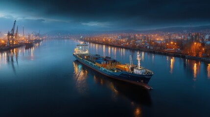 Fototapeta premium Cargo ship navigating calm waters under dramatic sky illuminated by city lights in a bustling harbor at twilight