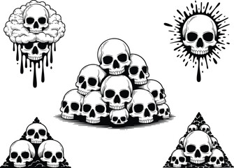 Artistic Skull Illustrations in Pyramid and Explosion Forms Representing Gothic Style, Mortality, Danger, Horror, Symbolism, and Dark Aesthetics