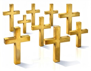 Staggered Display of Polished Golden Crosses on White Background