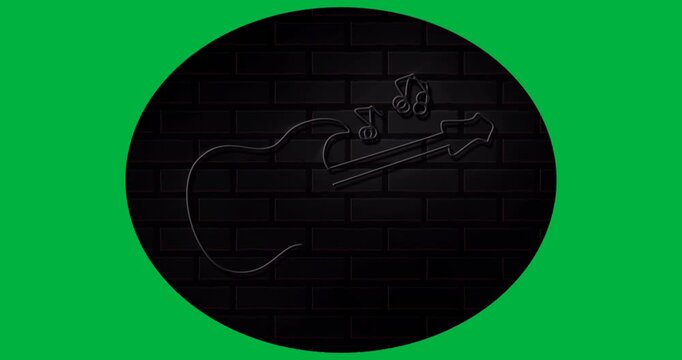 Music designers creating neon electric guitar and notes on brick wall with transparent background