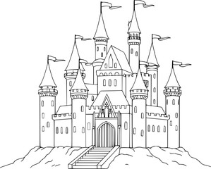 Castle outline coloring book page, Castle line art vector
