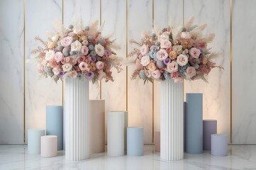Elegant floral arrangements with soft pastel roses and delicate dried flowers in tall fluted vases against a light wood panel background