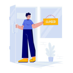 Man Hanging a Closed Sign on a Storefront Window Vector Illustration