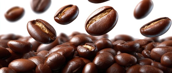 A dynamic image of coffee beans in motion, highlighting their rich brown color and texture against a bright background.