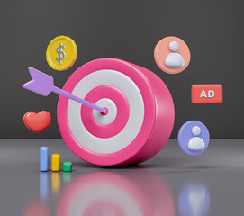 Arrow in target center with business icons. Target audience advertising concept. 3d render