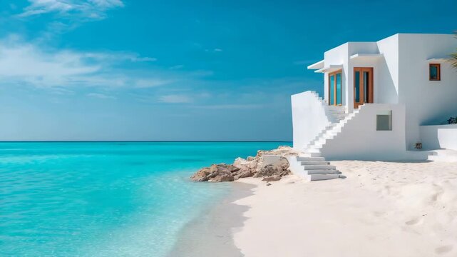 Beautiful beachside house with white sand and clear blue water in tropical paradise during sunny day
