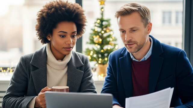 Diverse colleagues collaborating in a festive office setting during the holiday season