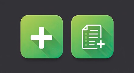 Obraz premium Two green square buttons with plus and document icons.