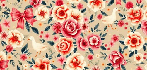 Cozy cottagecore floral pattern with bows, geese, and vintage damask elements; perfect for spring/summer fabrics, whimsical, floral