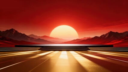 Creative red gold corporate annual meeting award ceremony stage background with sunrise mountain scenery lighting effects and technology gradient design for business celebration conference exhibition.