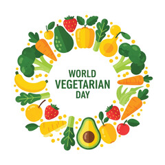 A vibrant circular arrangement of various fruits and vegetables on a white background celebrating World Vegetarian Day with colorful and lively composition.